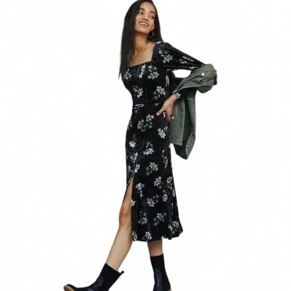 Anthropologie | Dresses | Anthro Hutch Velvet Midi Dress In Black With Pink  Florals Size S Nwt | Poshmark